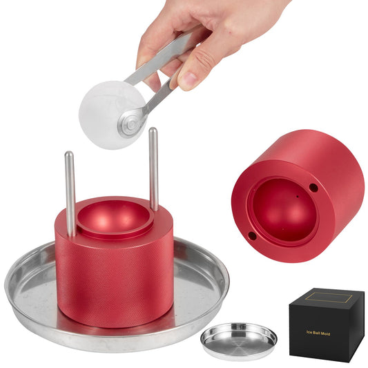 Ice Ball Press, 6cm Ice Ball Maker, Aircraft Al Alloy Ice Ball Press Kit for 60mm Ice Sphere, Ice Press with Tong and Drip Tray, for Whiskey, Cocktail, Bourbon, Scot on Party & Holiday, Red