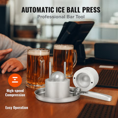 Ice Ball Press Kit, Aircraft Al Alloy Ice Press with Ice Block Mold, Large Mat, Tong, Drip Tray, One Glass, Round Ice Ball Maker 2.4"/60 mm Ice Sphere, for Whiskey, Cocktail on Party & Holiday