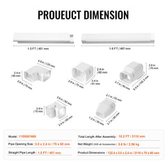 Mini Split Line Set Cover 76.2mm W 3110mm L, PVC Decorative Pipe Line Cover For Air Conditioner with 5 Straight Ducts & Full Components Easy to Install, Paintable for Heat Pumps, White