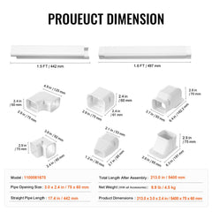 Mini Split Line Set Cover 76.2mm W 5400mm L, PVC Decorative Pipe Line Cover For Air Conditioner with 10 Straight Ducts & Full Components Easy to Install, Paintable for Heat Pumps, White