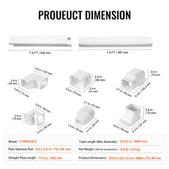 Mini Split Line Set Cover 76.2mm W 5400mm L, PVC Decorative Pipe Line Cover For Air Conditioner with 10 Straight Ducts & Full Components Easy to Install, Paintable for Heat Pumps, White