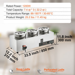 Electric Soup Warmer, Three 7.4QT Stainless Steel Round Pot, 1200W Commercial Food Warmer, 30 - 85℃ Adjustable Temp, Bain Marie with Anti-Dry Burn and Reset Button, for Restaurant, Buffet