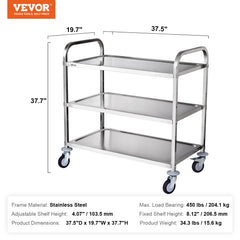 3-Tier Utility Cart Rolling Cart on Wheels 37.5"x20"x37.7" 450 LBS 6 Hooks