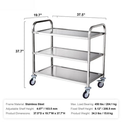 3-Tier Utility Cart Rolling Cart on Wheels 37.5"x20"x37.7" 450 LBS 6 Hooks