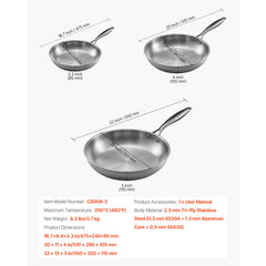Tri-Ply Stainless Steel Frying Pan, 3 Piece (240, 280, 320 mm), Cooking Skillet with Heat-Resistant Handle, Chef's Kitchen Cookware, Oven, Gas, Electric, Induction, Dishwasher Compatible, Silver