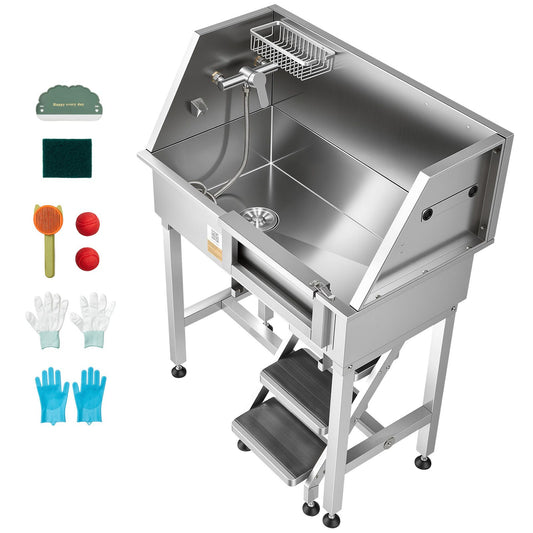 86.4 cm Dog Washing Station, Stainless Steel Pet Grooming Tub Bathtub, Professional Dog Wash Sink with Shower, Faucet, Soap Holder, Non-Slip Stairs Easy-Clean for Small Pets Cats (Right Door)