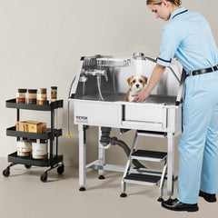 86.4 cm Dog Washing Station, Stainless Steel Pet Grooming Tub Bathtub, Professional Dog Wash Sink with Shower, Faucet, Soap Holder, Non-Slip Stairs Easy-Clean for Small Pets Cats (Right Door)