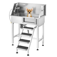 86.4 cm Dog Washing Station, Stainless Steel Pet Grooming Tub Bathtub, Professional Dog Wash Sink with Shower, Faucet, Soap Holder, Non-Slip Stairs Easy-Clean for Small Pets Cats (Right Door)
