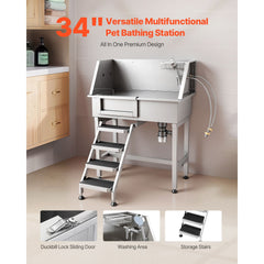 86.4 cm Dog Washing Station, Stainless Steel Pet Grooming Tub Bathtub, Professional Dog Wash Sink with Shower, Faucet, Soap Holder, Non-Slip Stairs Easy-Clean for Small Pets Cats (Left Door)