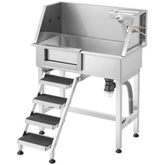 86.4 cm Dog Washing Station, Stainless Steel Pet Grooming Tub Bathtub, Professional Dog Wash Sink with Shower, Faucet, Soap Holder, Non-Slip Stairs Easy-Clean for Small Pets Cats (Left Door)