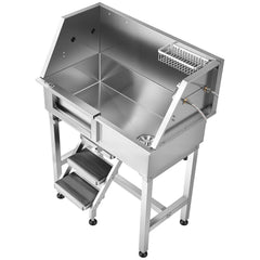 86.4 cm Dog Washing Station, Stainless Steel Pet Grooming Tub Bathtub, Professional Dog Wash Sink with Shower, Faucet, Soap Holder, Non-Slip Stairs Easy-Clean for Small Pets Cats (Left Door)