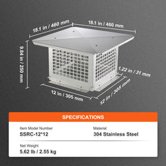 Chimney Cap 304.8 x 304.8mm, 304 Stainless Steel Fireplace Chimney Cover, Not Easily Toppled & Practical Accessories & Easy Installation, Fits Mesh Flue Covers Outside Clay Flue Shingles, Silver