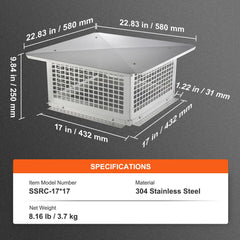 Chimney Cap 17” x 17” 304Stainless Steel Fireplace Flue Caps Cover Mesh