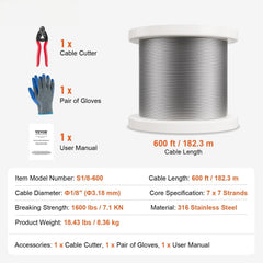 T316 Stainless Steel Cable 3.18mm 7x7 Steel Wire Rope 182.3m Cable Railing