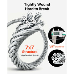 Wire Rope Kit, 3.18 mm 305 m 316 Stainless Steel Cable with Cutter and Gloves, 7.1KN Breaking Strength, 7x7 Strands Construction Marine Aircraft Grade for Handrail Stair Decking Fence Outdoors