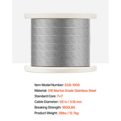 Wire Rope Kit, 3.18 mm 305 m 316 Stainless Steel Cable with Cutter and Gloves, 7.1KN Breaking Strength, 7x7 Strands Construction Marine Aircraft Grade for Handrail Stair Decking Fence Outdoors