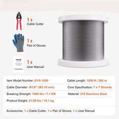 Wire Rope Kit, 3.18 mm 305 m 316 Stainless Steel Cable with Cutter and Gloves, 7.1KN Breaking Strength, 7x7 Strands Construction Marine Aircraft Grade for Handrail Stair Decking Fence Outdoors