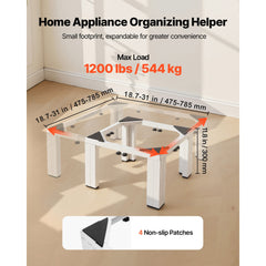 Laundry Pedestal, 305 mm Height, Washer and Dryer Pedestals with 544 kg Weight Load Capacity, 475-785 mm Adjustable, Non-Slip Feet, Heavy-duty Steel Washing Machine Stand Universal Fit, White