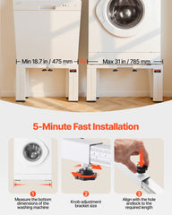 Laundry Pedestal, 305 mm Height, Washer and Dryer Pedestals with 544 kg Weight Load Capacity, 475-785 mm Adjustable, Non-Slip Feet, Heavy-duty Steel Washing Machine Stand Universal Fit, White