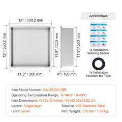 33.02 x 33.02 cm No Tile Shower Niche 304 Stainless Steel, Wall-Inserted Niche Recessed Double Shelves, Sealed Waterproof Rust-Resistant Modern Niche for Shower Bathroom Soap Storage, Silver