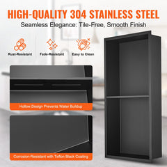 33.02 x 63.5 cm No Tile Shower Niche 304 Stainless Steel, Wall-Inserted Niche Recessed Double Shelves, Sealed Waterproof Rust-Resistant Modern Niche for Shower or Soap Storage Bathroom
