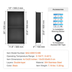 33.02 x 63.5 cm No Tile Shower Niche 304 Stainless Steel, Wall-Inserted Niche Recessed Double Shelves, Sealed Waterproof Rust-Resistant Modern Niche for Shower or Soap Storage Bathroom
