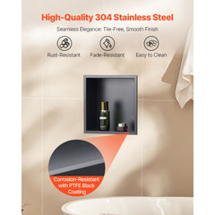 Shower Niche, 33.0 x 33.0 x 10.2 cm Recessed Wall Niche, Heavy-duty Stainless Steel Modern Soap & Shampoo Storage Organizer, Sealed Waterproof, Durable & Easy to Install, Black for Bathroom