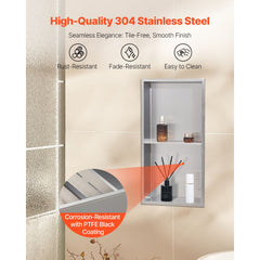 Shower Niche, 33.0 x 63.5 x 10.2 cm Recessed Wall Niche Double-layer, with Hollowed-out Divider, Heavy-duty Stainless Steel Modern Shampoo Storage Organizer, Waterproof, Silver for Bathroom