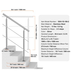 39.4in Handrails for Outdoor Steps 2 Crossbars Staircase for Porch Deck