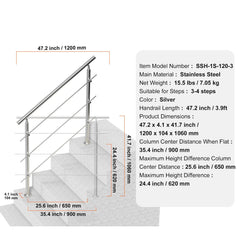 47.2in Handrails for Outdoor Steps 3 Crossbars Staircase for Porch Deck