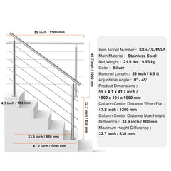 59in Handrails for Outdoor Steps 5 Crossbars Staircase for Porch Deck