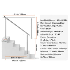 Handrails for Outdoor Steps, 59 in/ 150cm Length Stair Hand Rail Kit, Transitional Stainless Steel Railings with Installation Kit, Double-column Staircase Handrails for Seniors,Porch & Deck