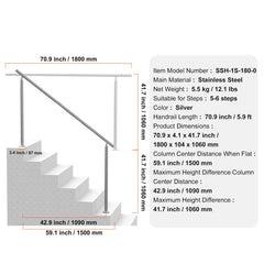 Handrails for Outdoor Steps, 70.9 in/ 180cm Length Stair Hand Rail Kit, Transitional Stainless Steel Railings with Installation Kit, Double-column Staircase Handrails for Seniors,Porch & Deck
