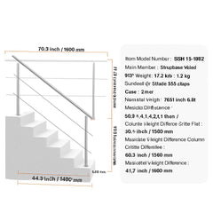 Handrails for Outdoor Steps, 70.9in Length 2 Crossbars Stair Hand Rail Kit, Transitional Stainless Steel Railings w/ Installation Kit, Double-column Staircase Handrails for Seniors,Porch & Deck