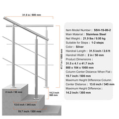 Handrails for Outdoor Steps, 31.5in Length 2 Crossbars Stair Hand Rail Kit, Transitional Stainless Steel Railings w/ Installation Kit, Double-column Staircase Handrails for Seniors,Porch & Deck
