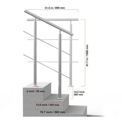 Handrails for Outdoor Steps, 31.5in Length 2 Crossbars Stair Hand Rail Kit, Transitional Stainless Steel Railings w/ Installation Kit, Double-column Staircase Handrails for Seniors,Porch & Deck