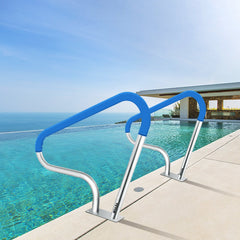 Pool Rail 39x32 Pool Railing 304 Stainless Steel 250LBS Load Capacity Silver Rustproof Pool Handrail Humanized Swimming Pool Handrail with Blue Grip Cover & M8 Drill Bit & Self-Taping Screws