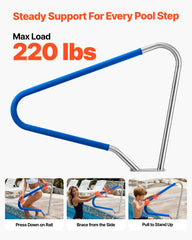 Pool Rail, 122 x 91.5 cm Pool Handrail, 100kg Load Capacity Heavy Duty 304 Stainless Steel Swimming Handrail, Detachable Nonslip Sleeve, Rich Accessories, for Poolside, Water Parks, Spa Centers