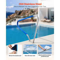 Pool Rail, 122 x 91.5 cm Pool Handrail, 100kg Load Capacity Heavy Duty 304 Stainless Steel Swimming Handrail, Detachable Nonslip Sleeve, Rich Accessories, for Poolside, Water Parks, Spa Centers