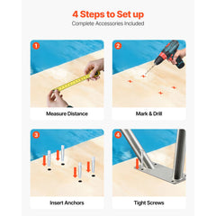 Pool Rail, 122 x 91.5 cm Pool Handrail, 100kg Load Capacity Heavy Duty 304 Stainless Steel Swimming Handrail, Detachable Nonslip Sleeve, Rich Accessories, for Poolside, Water Parks, Spa Centers