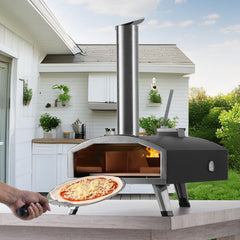 Outdoor Pizza Oven, 12" Wood Fired Pizza Ovens, Pellet Pizza Stove with Thermometer, Portable Pizza Maker for Outside Backyard Patio Camping, Pizza Stone, Carry Bag, Shovel, Black