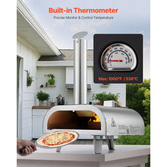 Pizza Oven Outdoor, 12" Pellet Pizza Oven, Portable Pizza-Stove with Built-in Thermometer, Wood Fired Stainless Steel Pizza-Maker, for Backyard, Camping, Pizza-Stone, Shovel, Carry Bag, Silver