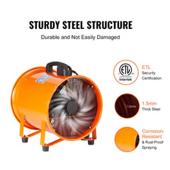 Portable Ventilator, 203.2mm/8inch Heavy Duty Cylinder Fan with 10m Duct Hose, 145W Strong Shop Exhaust Blower 1020CFM, Industrial Utility Blower for Sucking Dust, Smoke, Smoke Home/Workplace