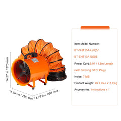 Portable Ventilator, 254mm/10inch Heavy Duty Cylinder Fan with 5m Duct Hose, 255W Strong Shop Exhaust Blower 1720CFM, Industrial Utility Blower for Sucking Dust, Smoke, Smoke Home/Workplace