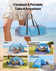 Beach Tent Sun Shelter for 4 Person, UPF 50+ Protection, Portable Sun Shade Canopy with Carrying Bag & Sand Pockets, Lightweight and Easy Setup Beach Umbrella for Camping Fishing Outdoor Picnic