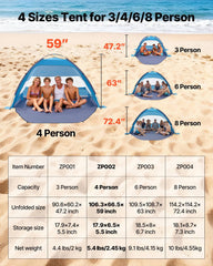 Beach Tent Sun Shelter for 4 Person, UPF 50+ Protection, Portable Sun Shade Canopy with Carrying Bag & Sand Pockets, Lightweight and Easy Setup Beach Umbrella for Camping Fishing Outdoor Picnic