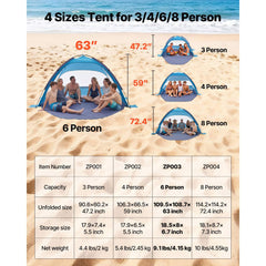 Beach Tent Sun Shelter for 6 Person, UPF 50+ Protection, Portable Sun Shade Canopy with Carrying Bag & Sand Pockets, Lightweight and Easy Setup Beach Umbrella for Camping Fishing Outdoor Picnic