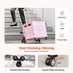Foldable Utility Cart, 65L Collapsible Portable Crate Rolling Cart with Stair Climbing Wheels & 360° Swivel Wheels, Hand Cart with Telescoping Handle for Shopping Office Moving Teacher, Pink