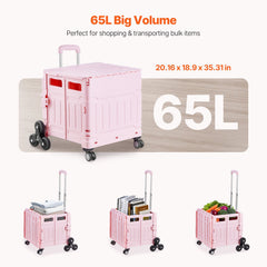 Foldable Utility Cart, 65L Collapsible Portable Crate Rolling Cart with Stair Climbing Wheels & 360° Swivel Wheels, Hand Cart with Telescoping Handle for Shopping Office Moving Teacher, Pink