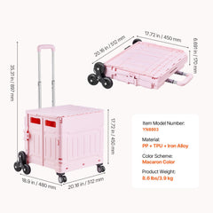 Foldable Utility Cart, 65L Collapsible Portable Crate Rolling Cart with Stair Climbing Wheels & 360° Swivel Wheels, Hand Cart with Telescoping Handle for Shopping Office Moving Teacher, Pink
